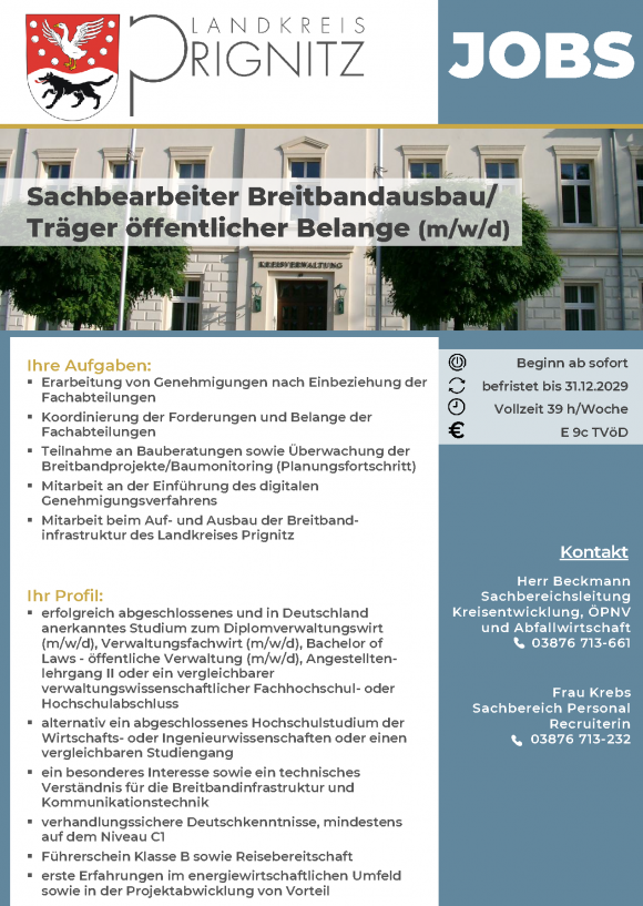 Sachbearbeiter Breitbandausbau/Träger öffentlicher Belange (m/w/d) - befristet bis 31.12.2029 - Seite 1